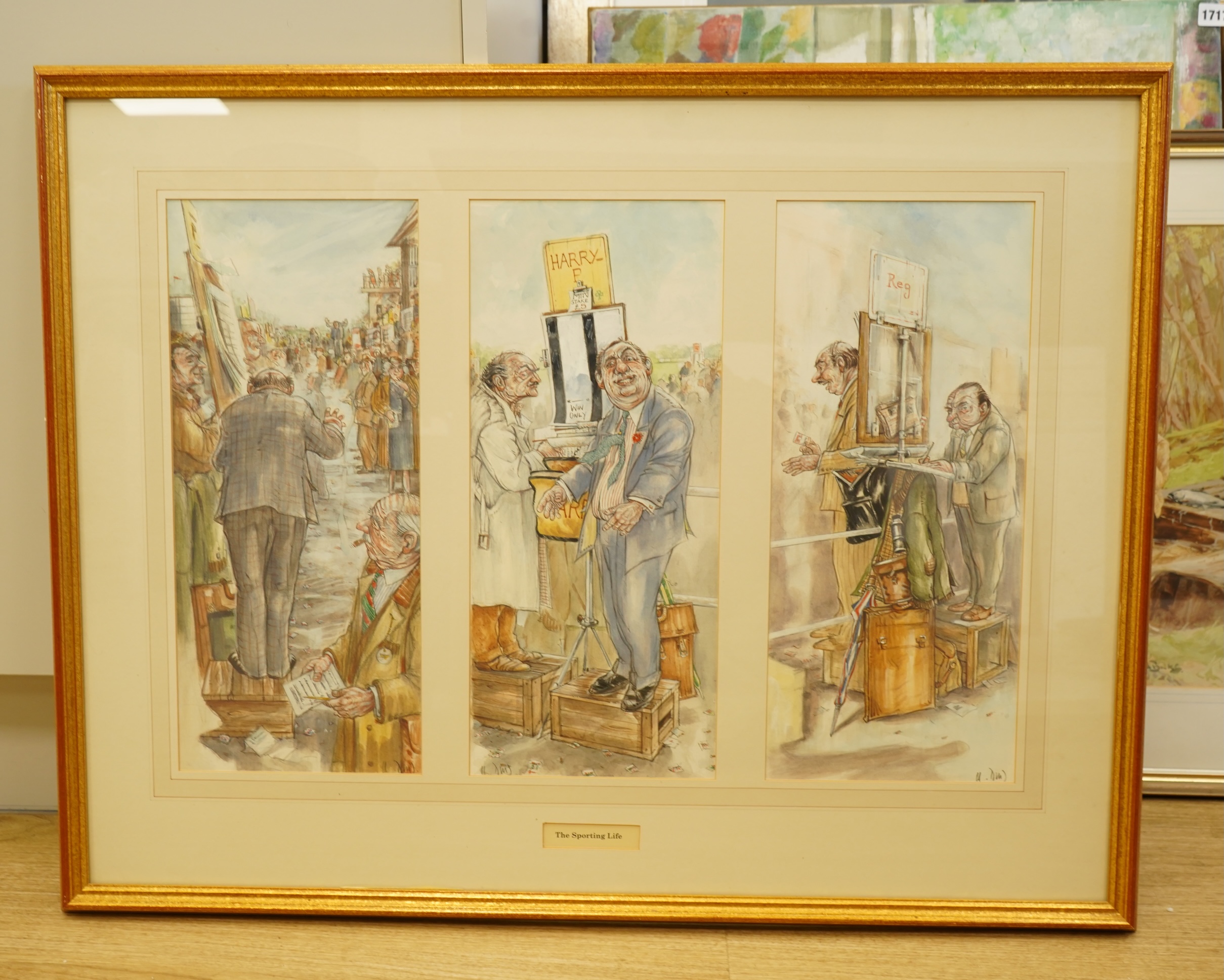 Hugh Dodd (Scottish, 1948-2014), ‘The Sporting Life’, each signed, set of three gouaches, mounted and framed as one, each 43 x 19cm